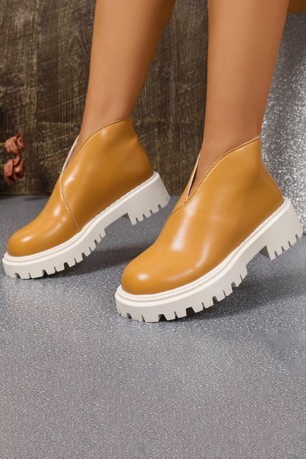 Platform V Cut Round Toe Back Zipper Ankle Boots