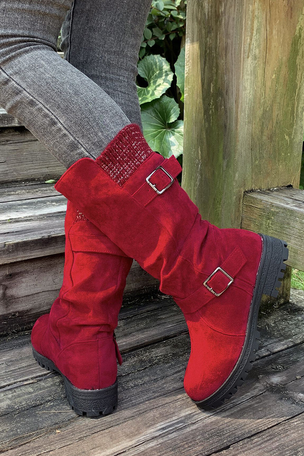 Retro Solid Color Round Toe Thick Heel Belt Buckle Suede Boots