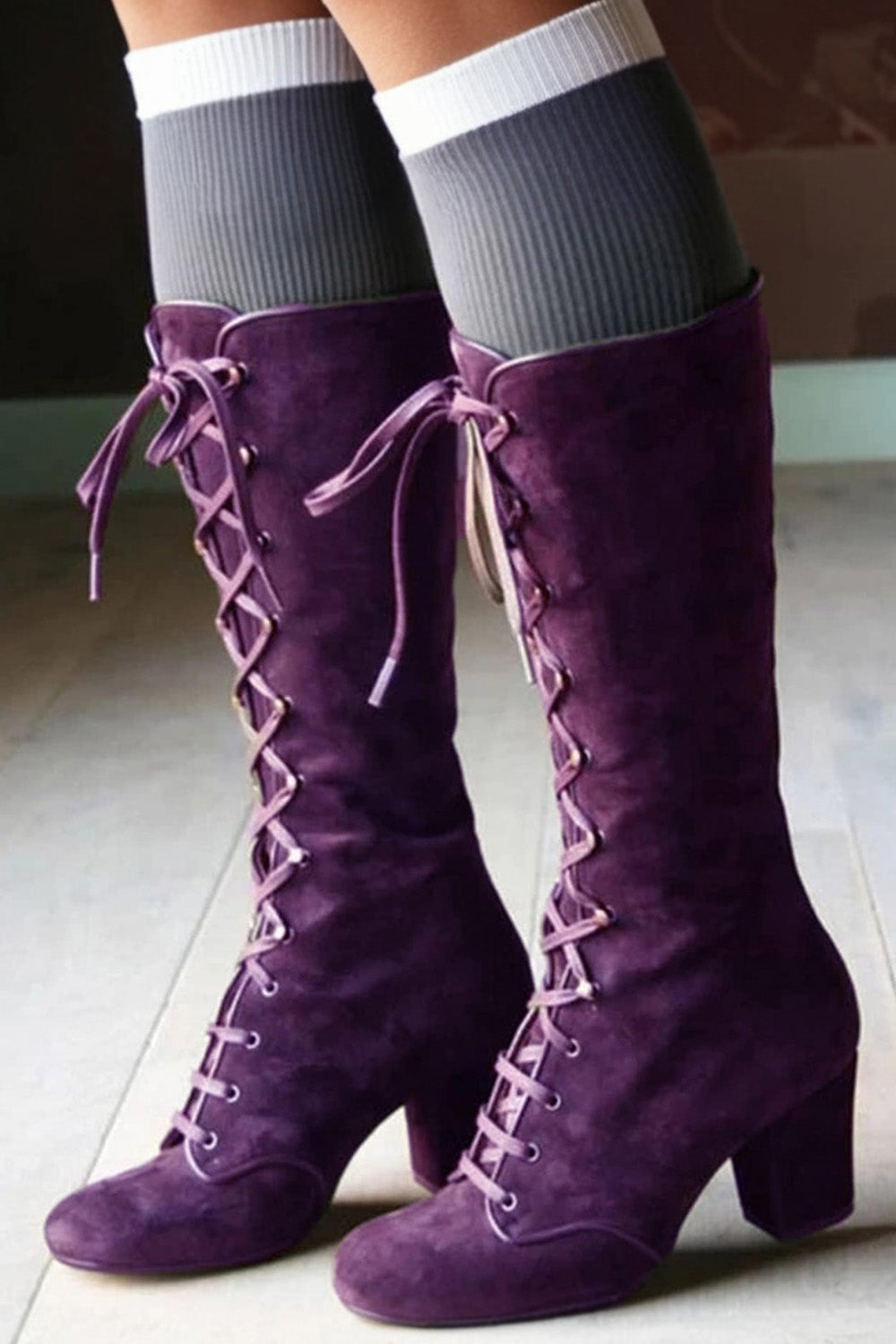 Vintage Black Lace Up Chunky Heel High Top Boots
