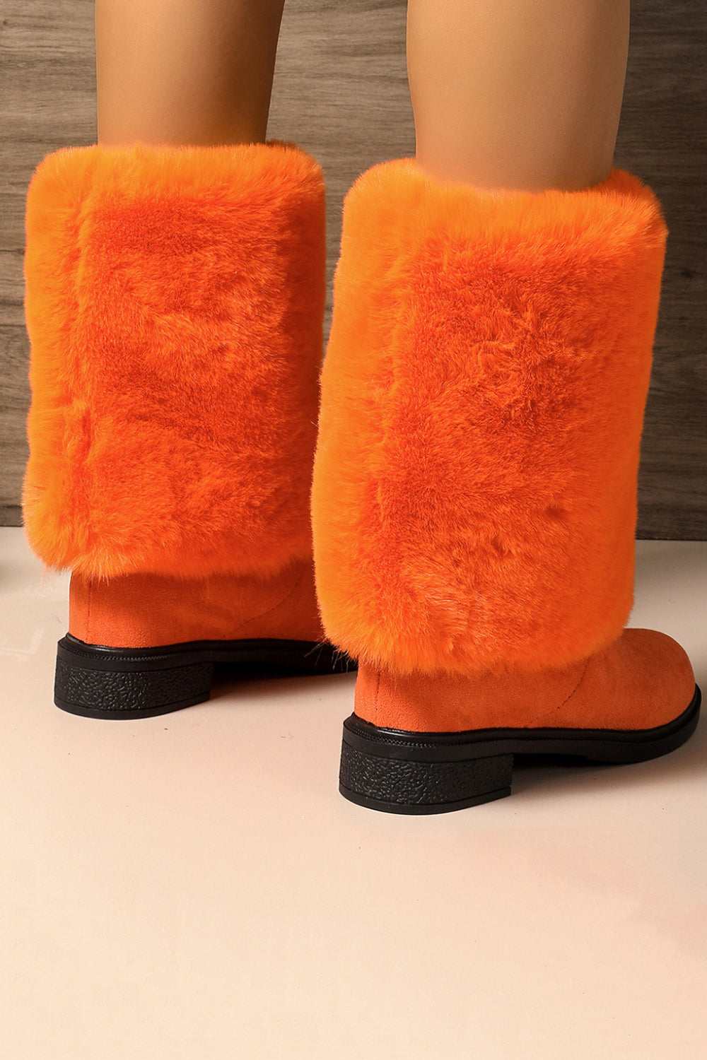 Daily Orange Plain Faux Fur Foldover Round Toe Block Heel Mid Calf Boots