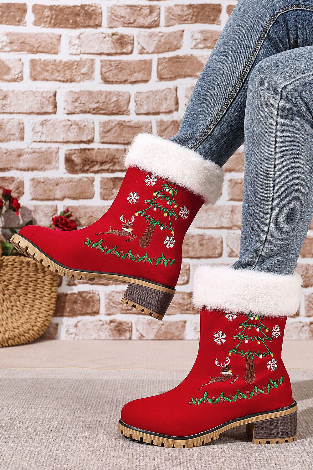 Christmas Red Reindeer Snowflake Tree Pattern Thick Heel Boots