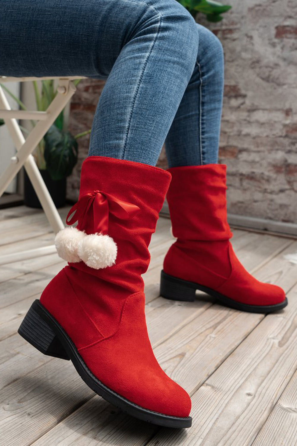 Christmas Red Bow Thick Heel Suede Fashion Boots