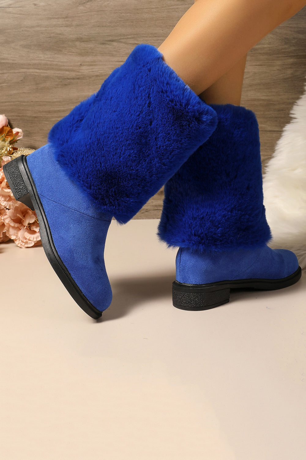 Daily Orange Plain Faux Fur Foldover Round Toe Block Heel Mid Calf Boots