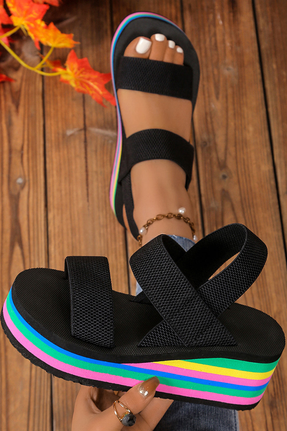 Casual Rainbow Striped Elastic Strap Wedge Sandals