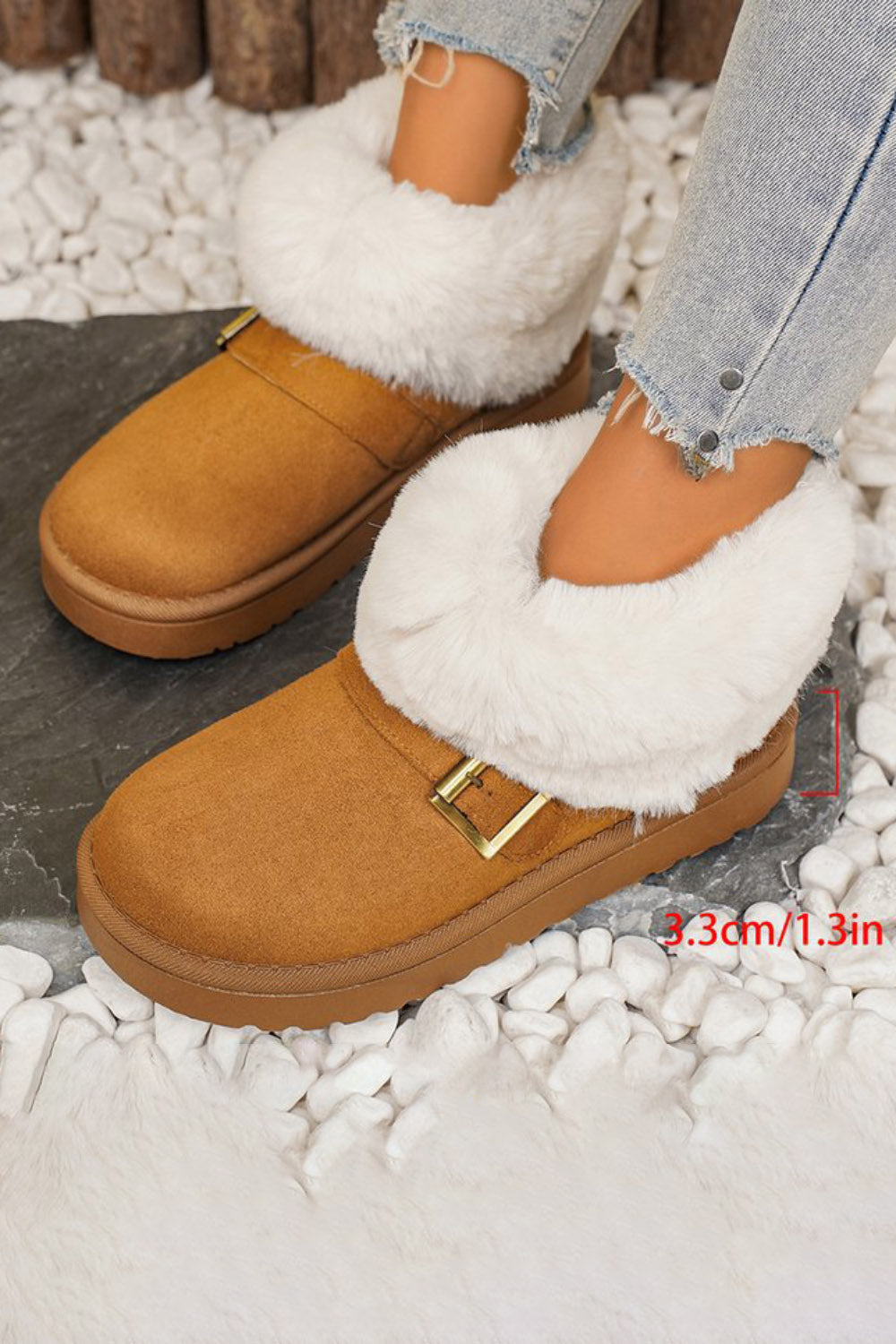 Fur Trimmed Plush Lined Strap Buckle Decor Round Toe Ankle Boots