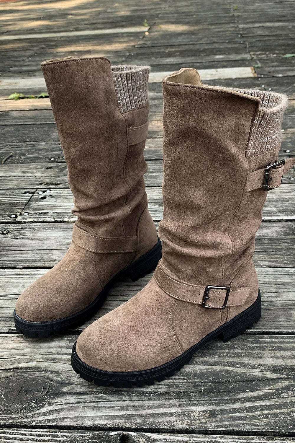 Retro Solid Color Round Toe Thick Heel Belt Buckle Suede Boots