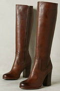 Stitching PU Leather Zipper Round Toe Chunky Heel Knee High Boots