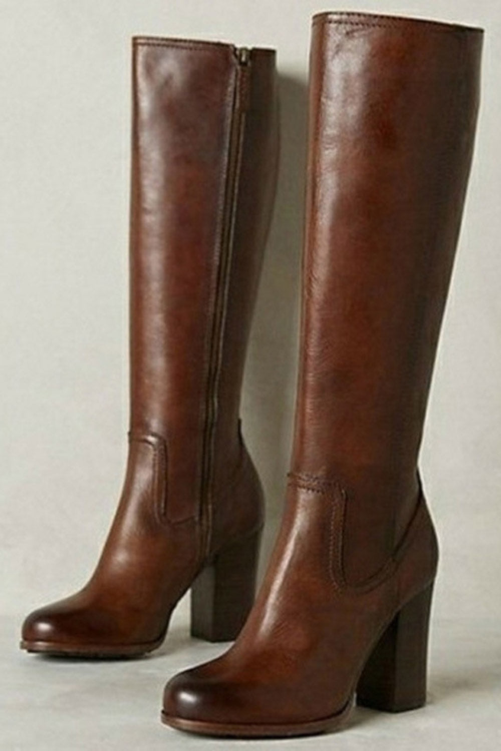 Stitching PU Leather Zipper Round Toe Chunky Heel Knee High Boots