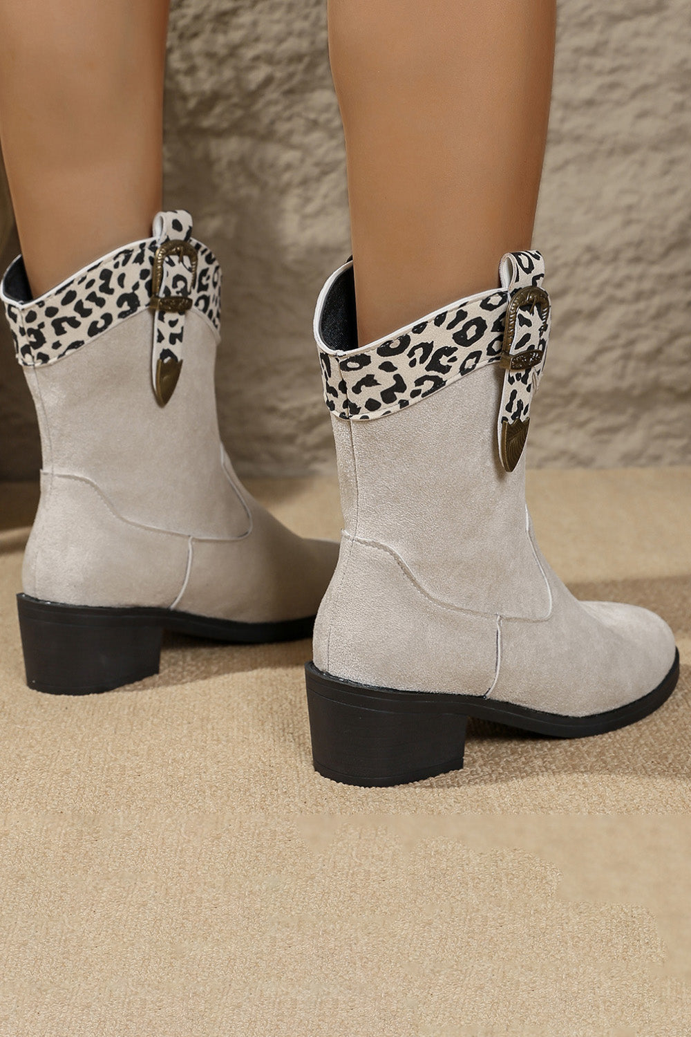 Daily Beige Leopard Print Patchwork Pointy Toe Western Ankle Boots