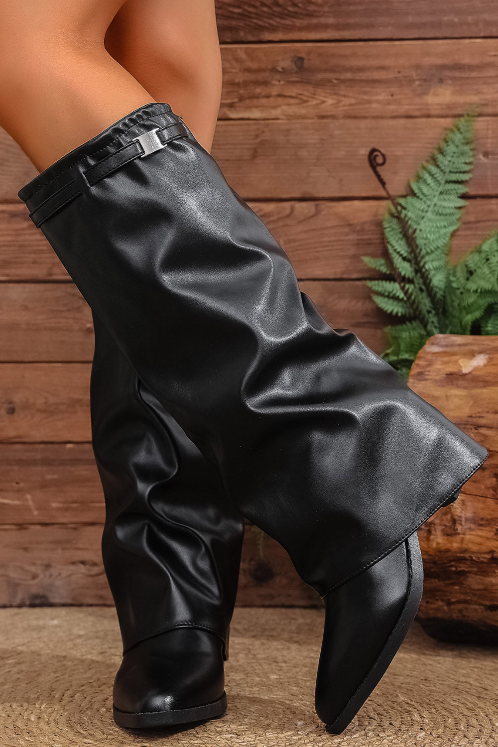 Daily Pointed Toe Folded Slouchy Strap PU Leather Chunky Heel Knee High Boots