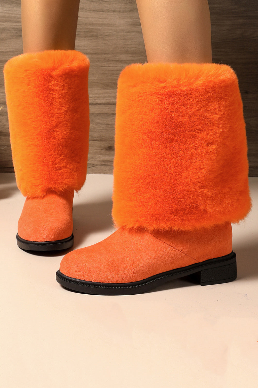 Daily Orange Plain Faux Fur Foldover Round Toe Block Heel Mid Calf Boots