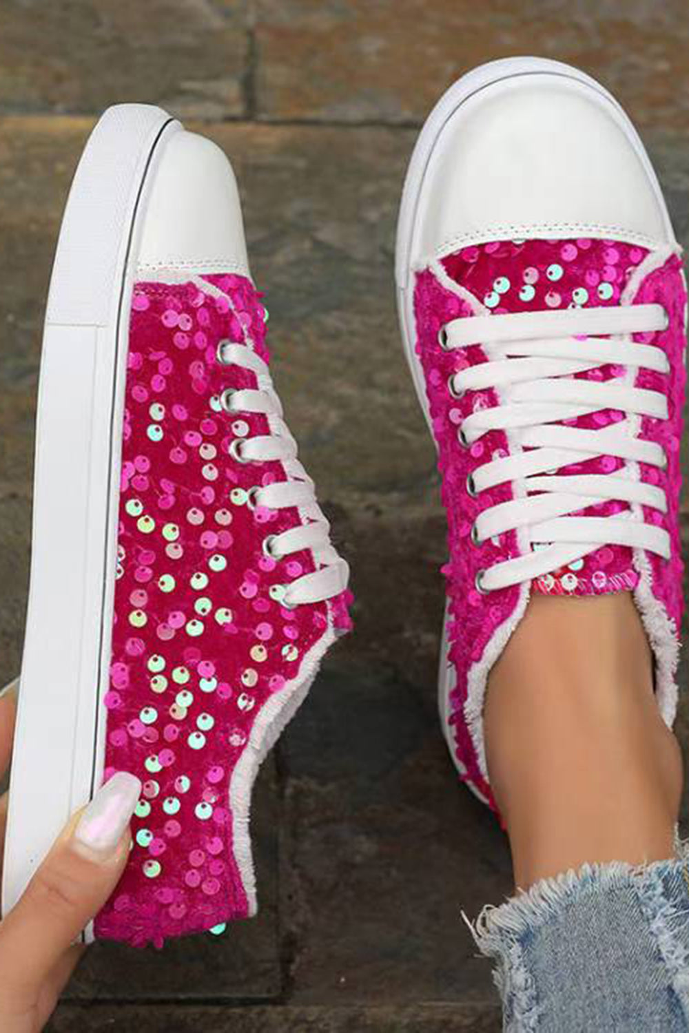 Daily Red Flat Bottom Lace Up Sequin Casual Shoes