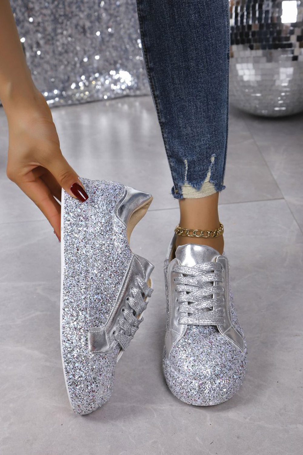 Daily Black Sparkly Sequin Lace-Up Casual Shoes
