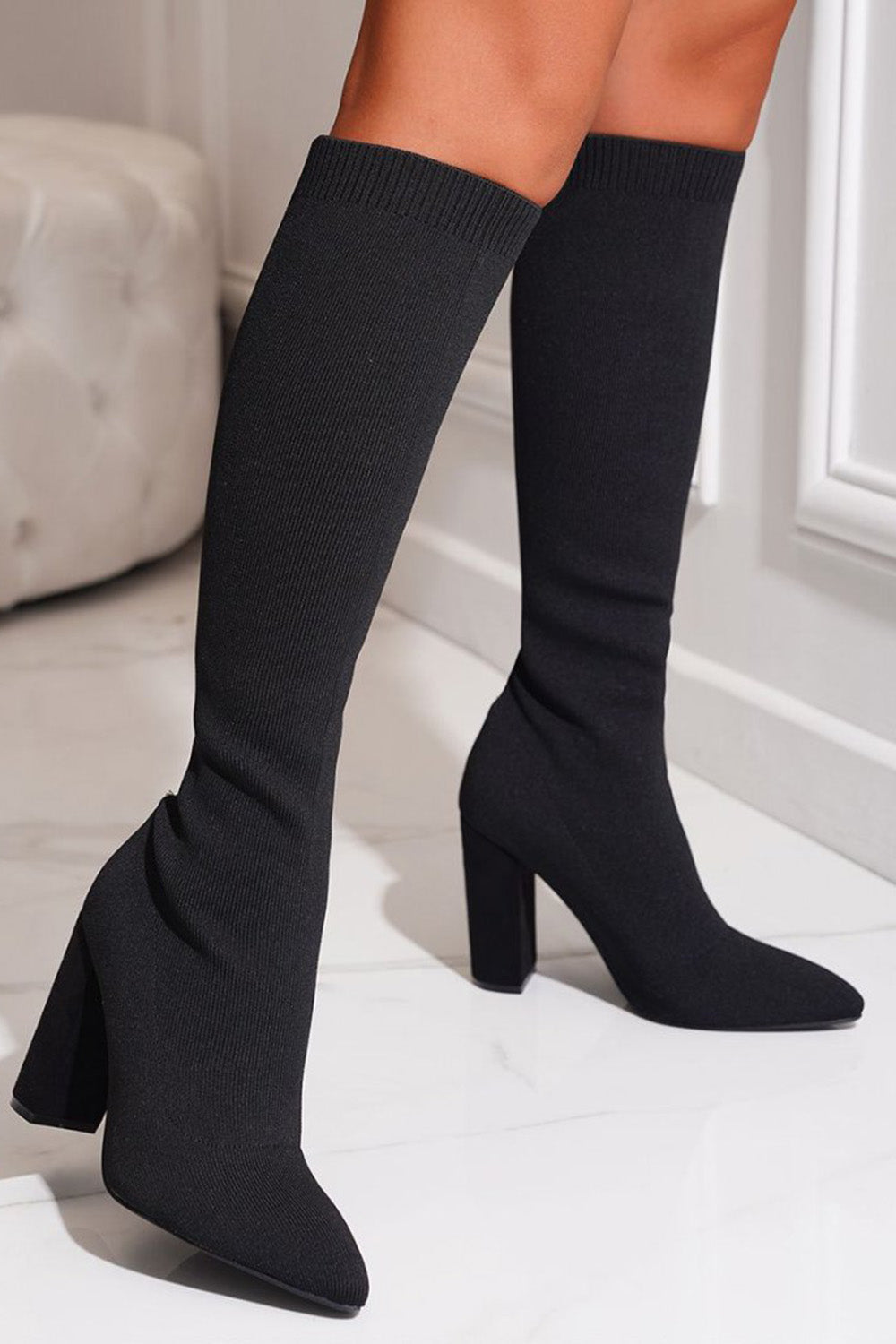 Elegant Solid Color Pointed Toe Chunky Heel Knee High Knitted Boots