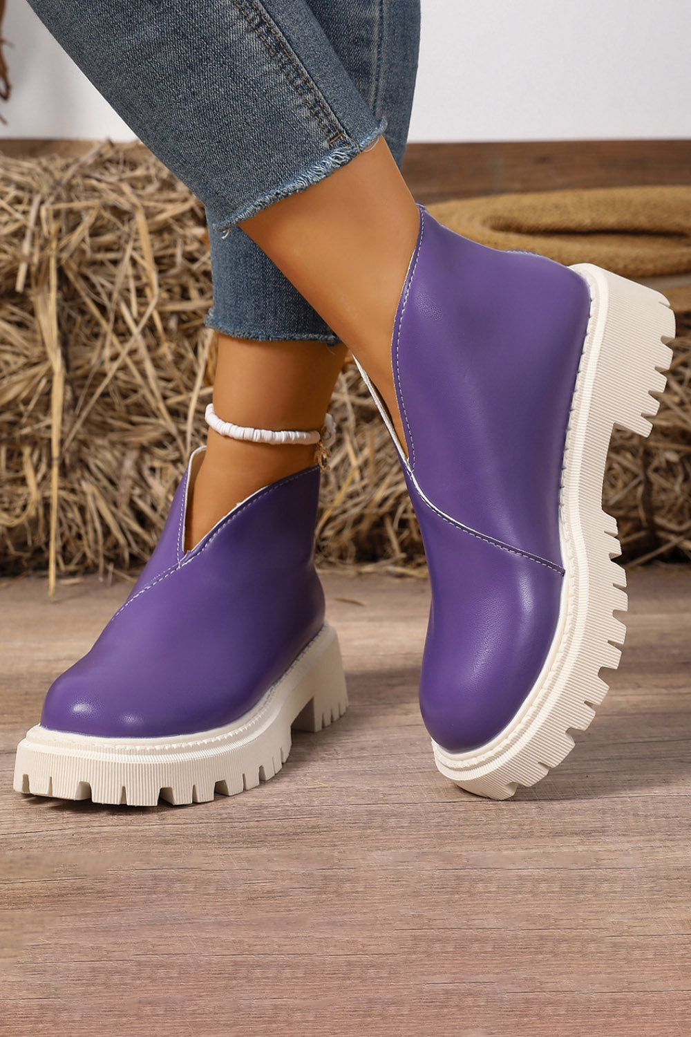 Platform V Cut Round Toe Back Zipper Ankle Boots
