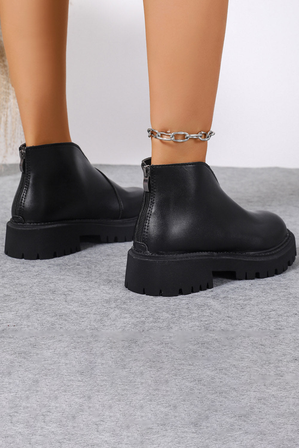 Platform V Cut Round Toe Back Zipper Ankle Boots