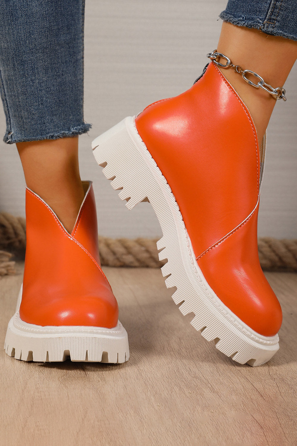 Platform V Cut Round Toe Back Zipper Ankle Boots