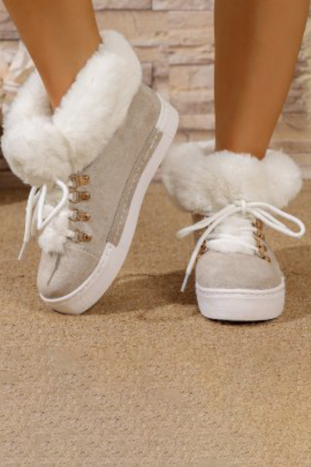Daily Green Fuzzy Plush Lined Faux Fur Lace Up Round Toe Ankle Boots