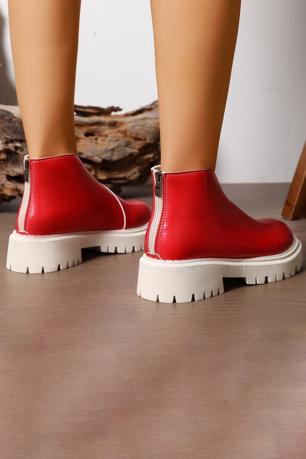 Platform V Cut Round Toe Back Zipper Ankle Boots