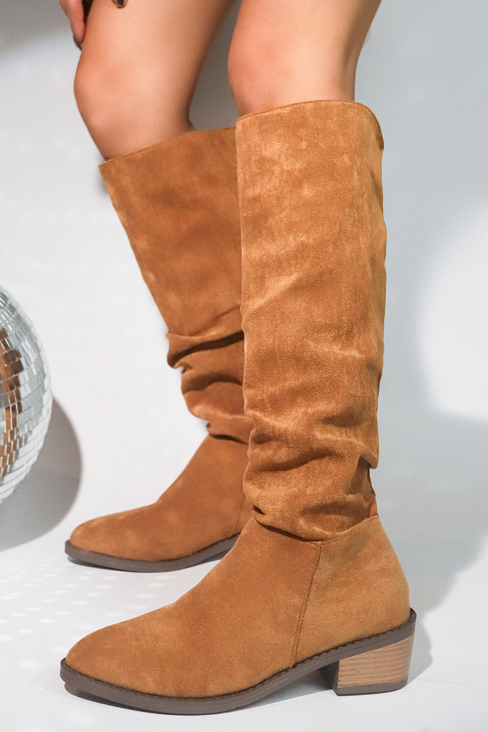 Leopard Print Round Toe Slouchy Block Heel Knee High Boots