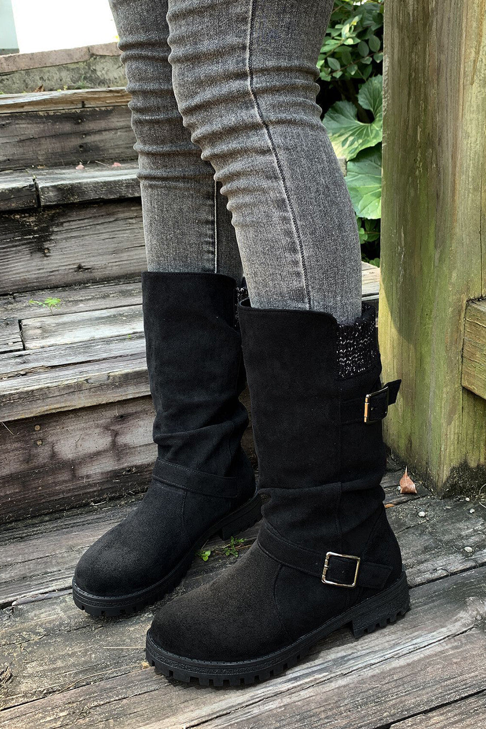 Retro Solid Color Round Toe Thick Heel Belt Buckle Suede Boots