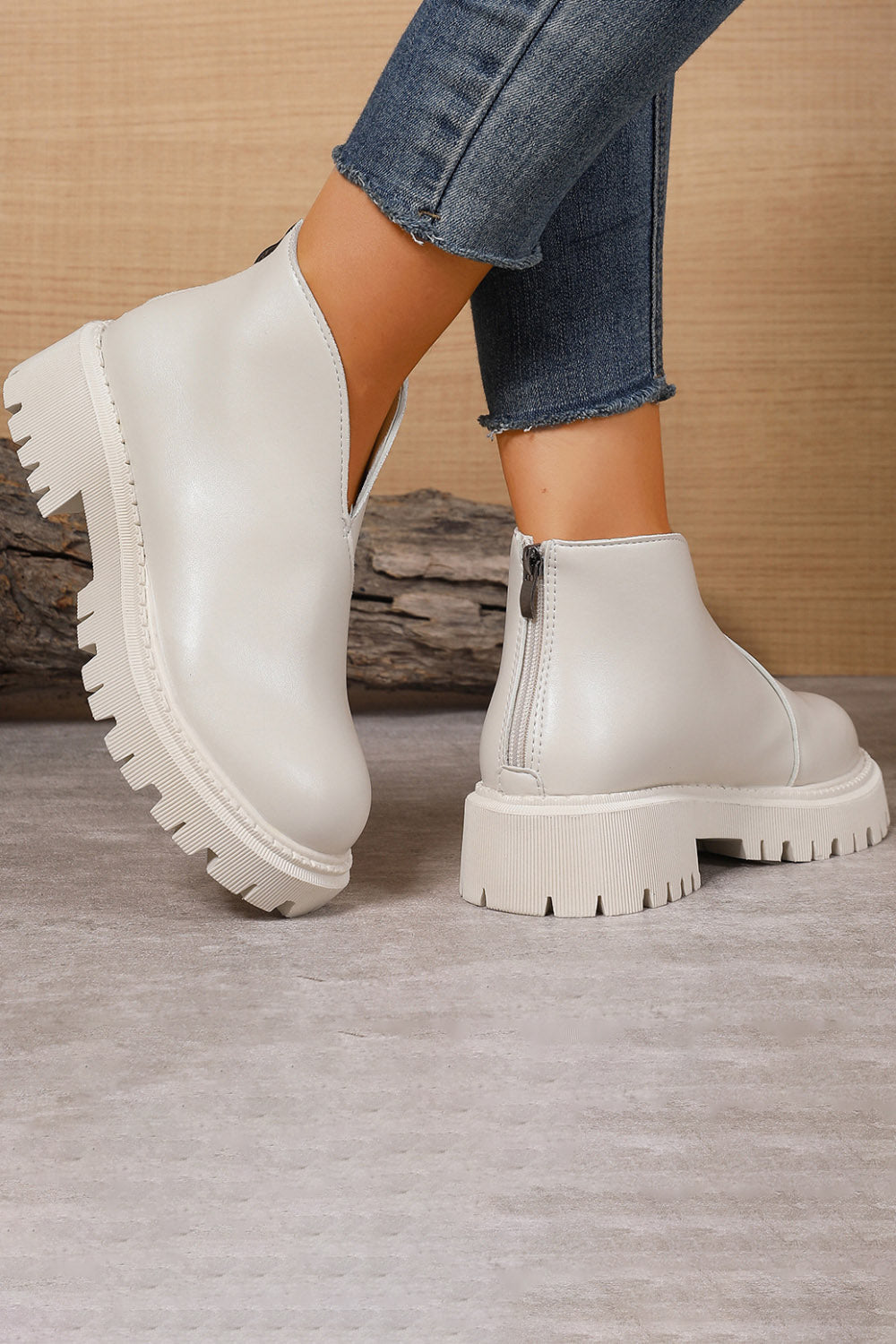 Platform V Cut Round Toe Back Zipper Ankle Boots
