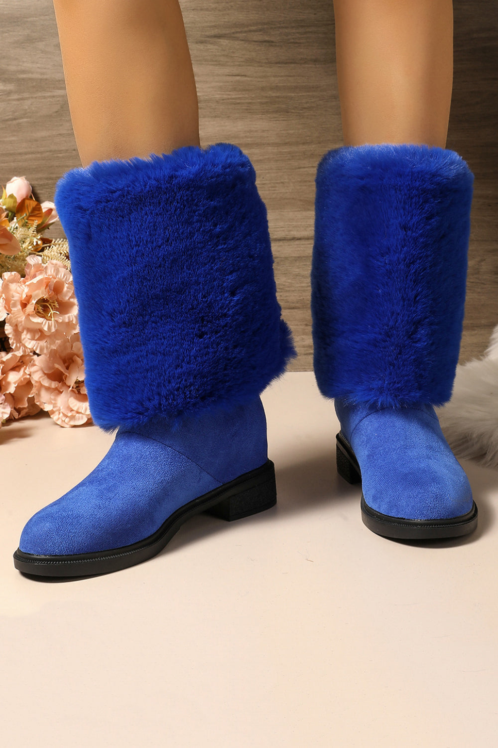 Daily Orange Plain Faux Fur Foldover Round Toe Block Heel Mid Calf Boots