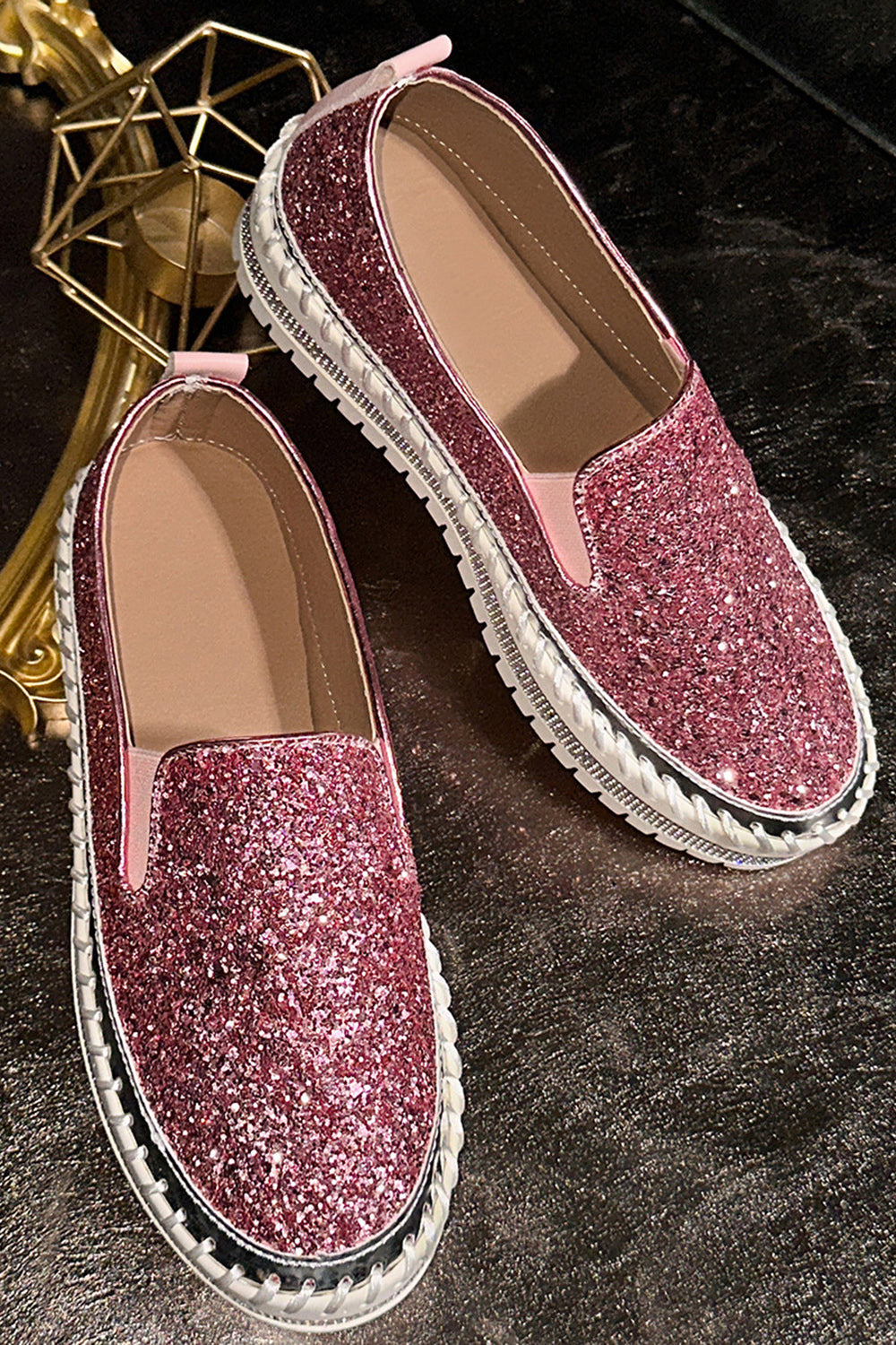 Solid Color Slip On Glitter Platform Casual Shoes