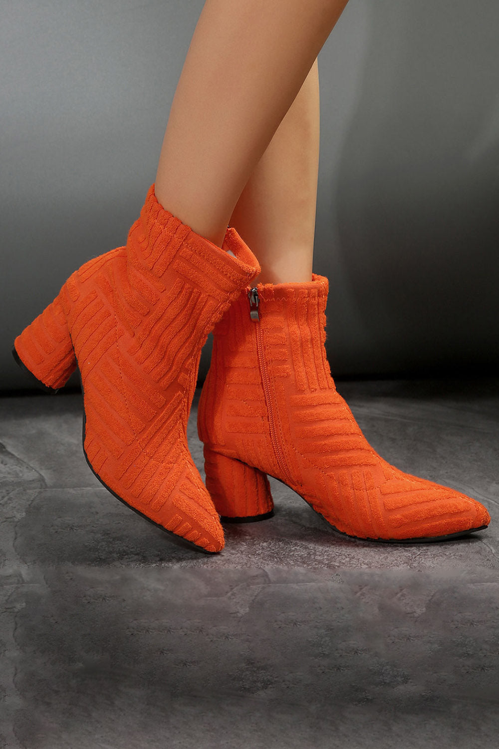 Daily Textured Pointy Toe Side Zipper Chunky Heel Ankle Boots