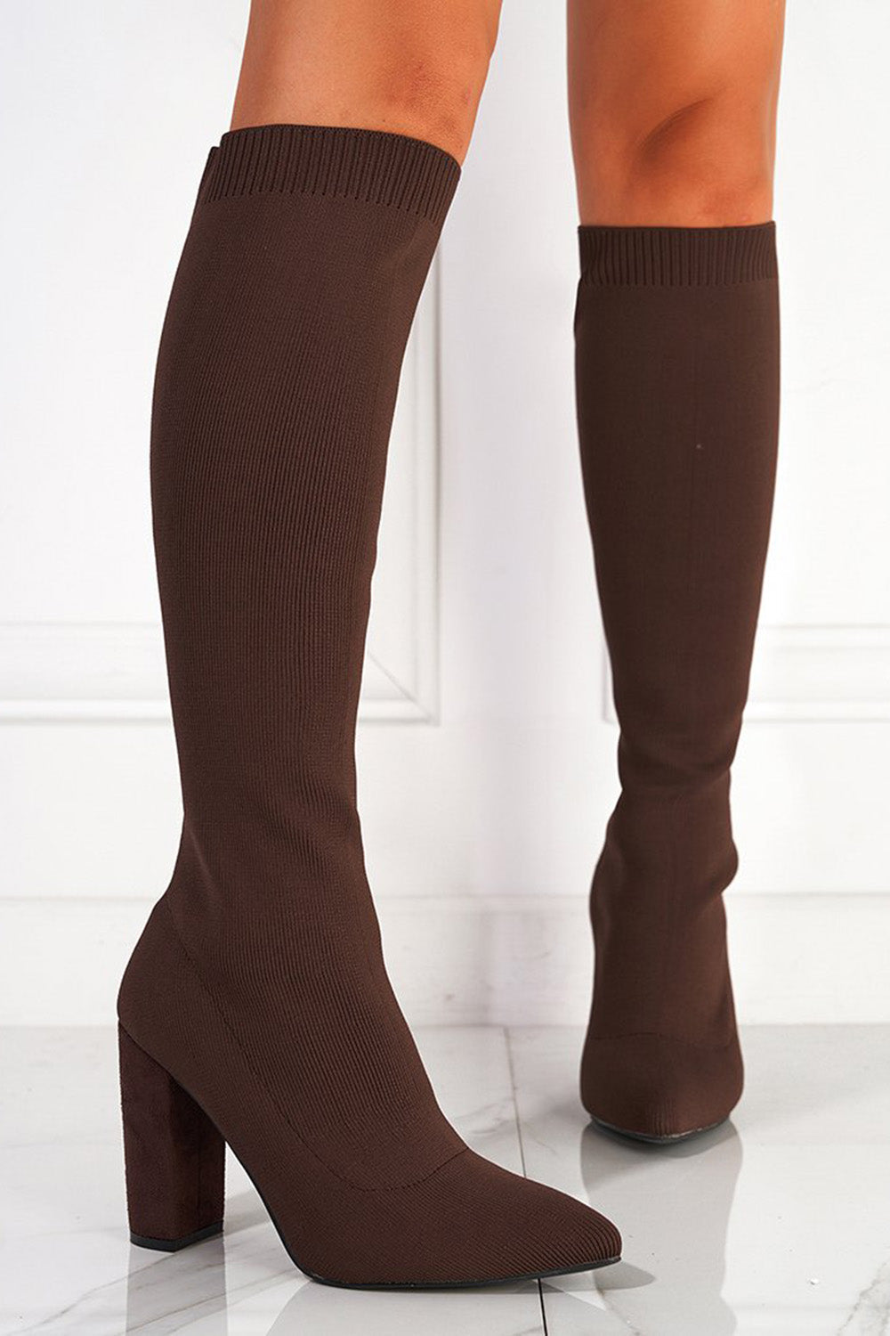 Elegant Solid Color Pointed Toe Chunky Heel Knee High Knitted Boots