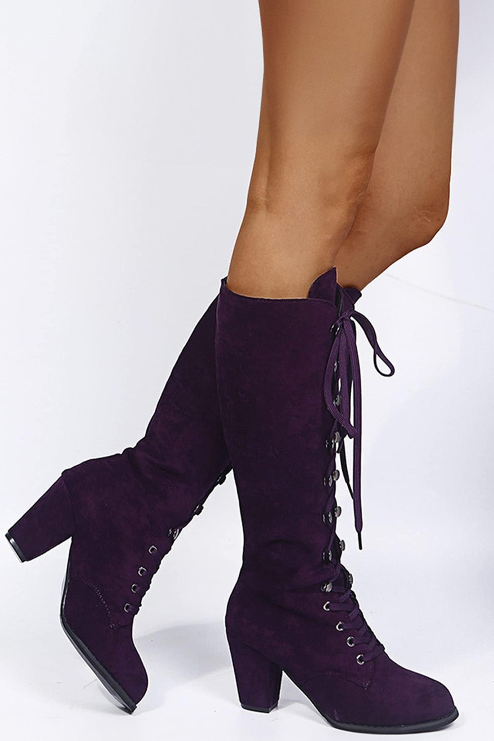 Vintage Black Lace Up Chunky Heel High Top Boots