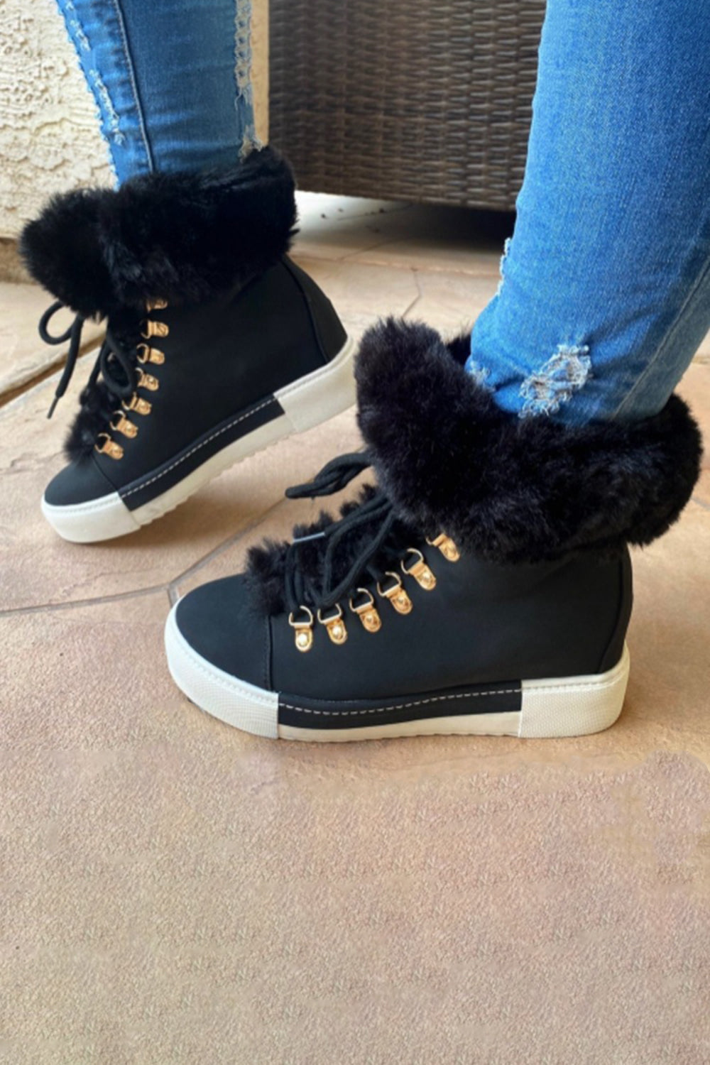 Daily Green Fuzzy Plush Lined Faux Fur Lace Up Round Toe Ankle Boots
