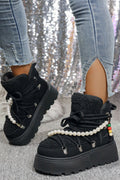 Daily Black Faux Fur Pearl Beads Strap Lace Up Platform Round Toe Boots