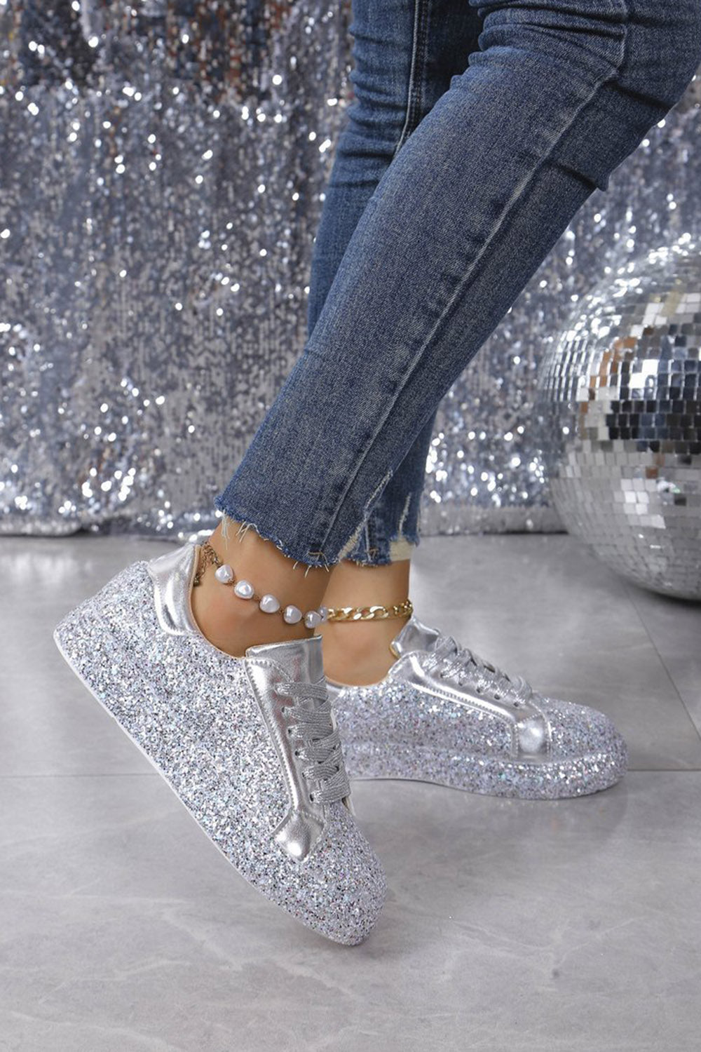 Daily Black Sparkly Sequin Lace-Up Casual Shoes