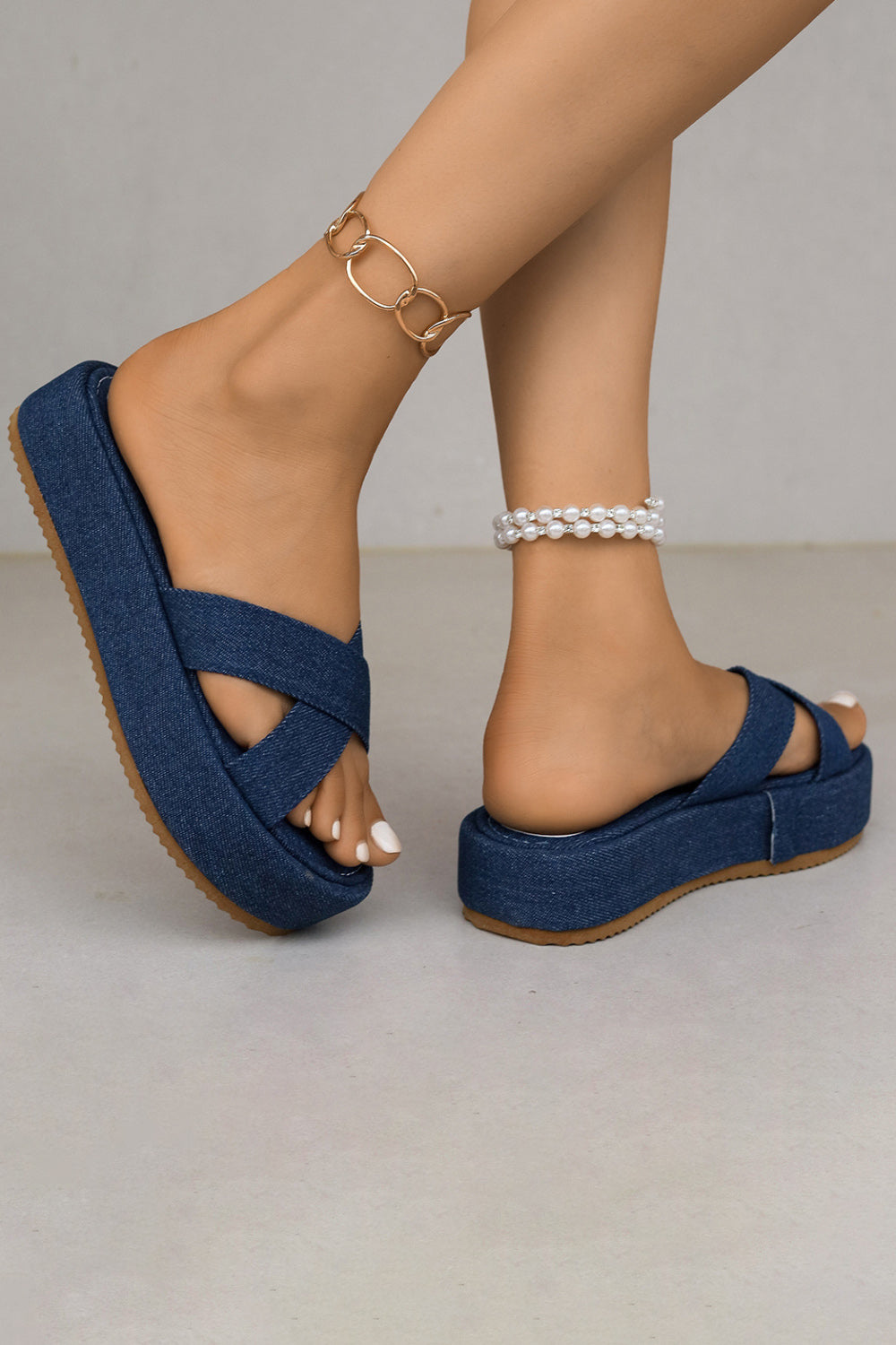 Daily Plain Platform Denim Double Straps Round Toe Slippers