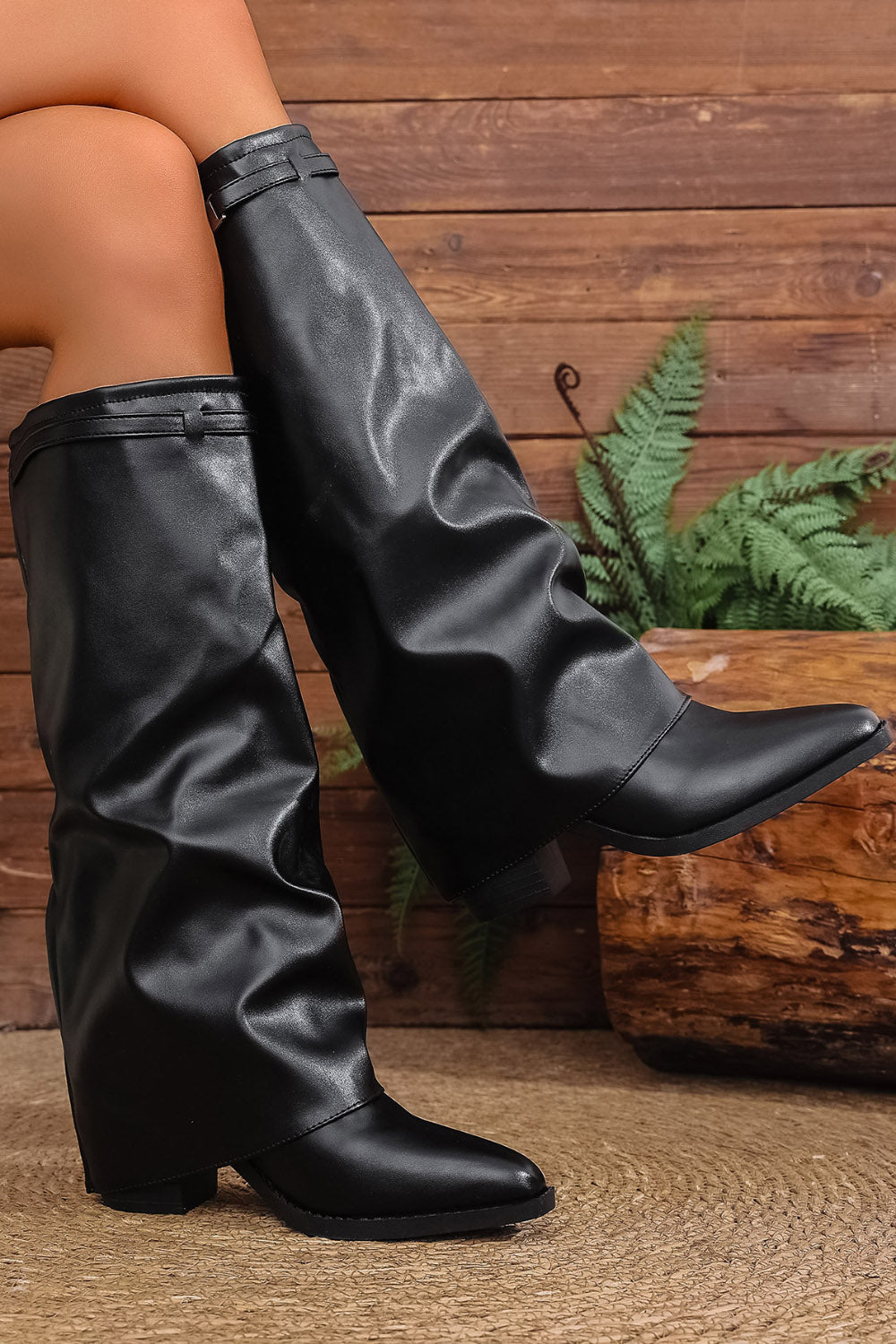 Daily Pointed Toe Folded Slouchy Strap PU Leather Chunky Heel Knee High Boots