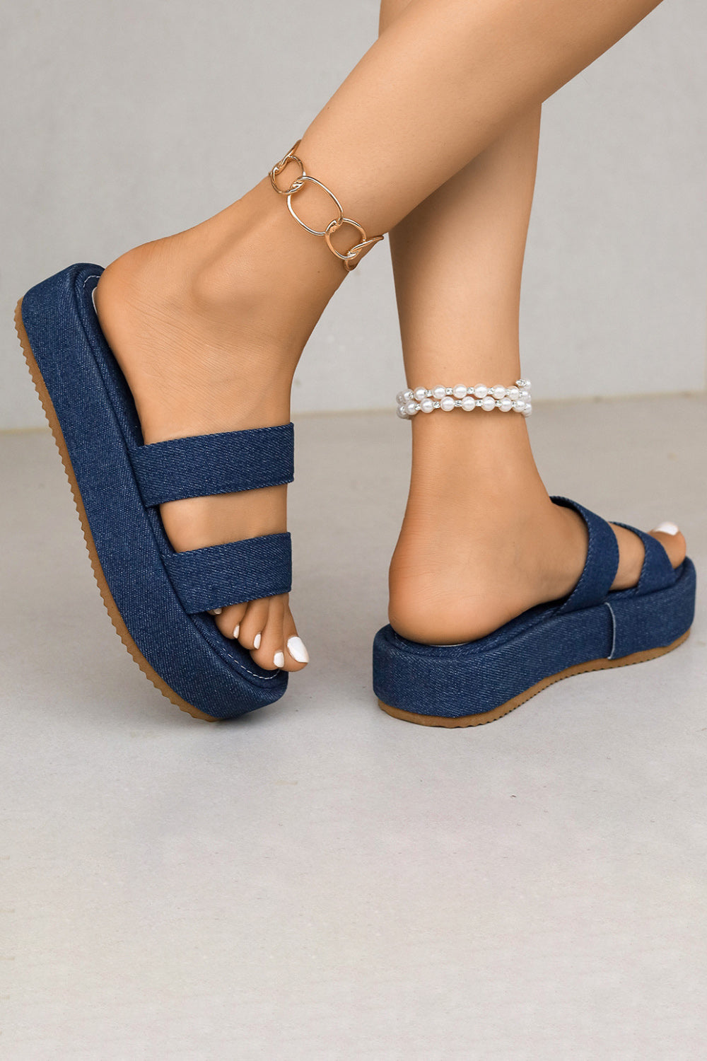 Daily Plain Platform Denim Double Straps Round Toe Slippers