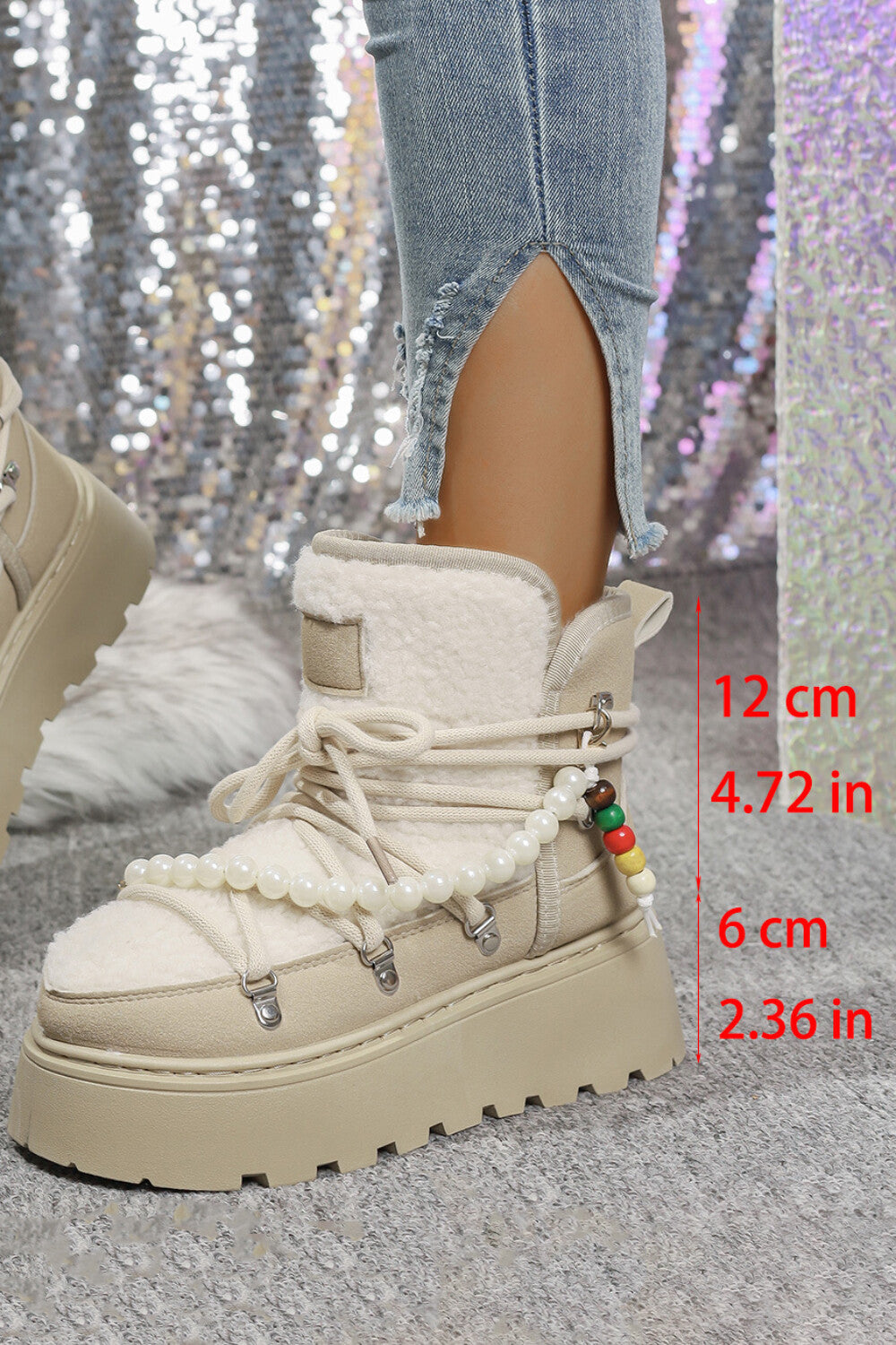 Daily Black Faux Fur Pearl Beads Strap Lace Up Platform Round Toe Boots