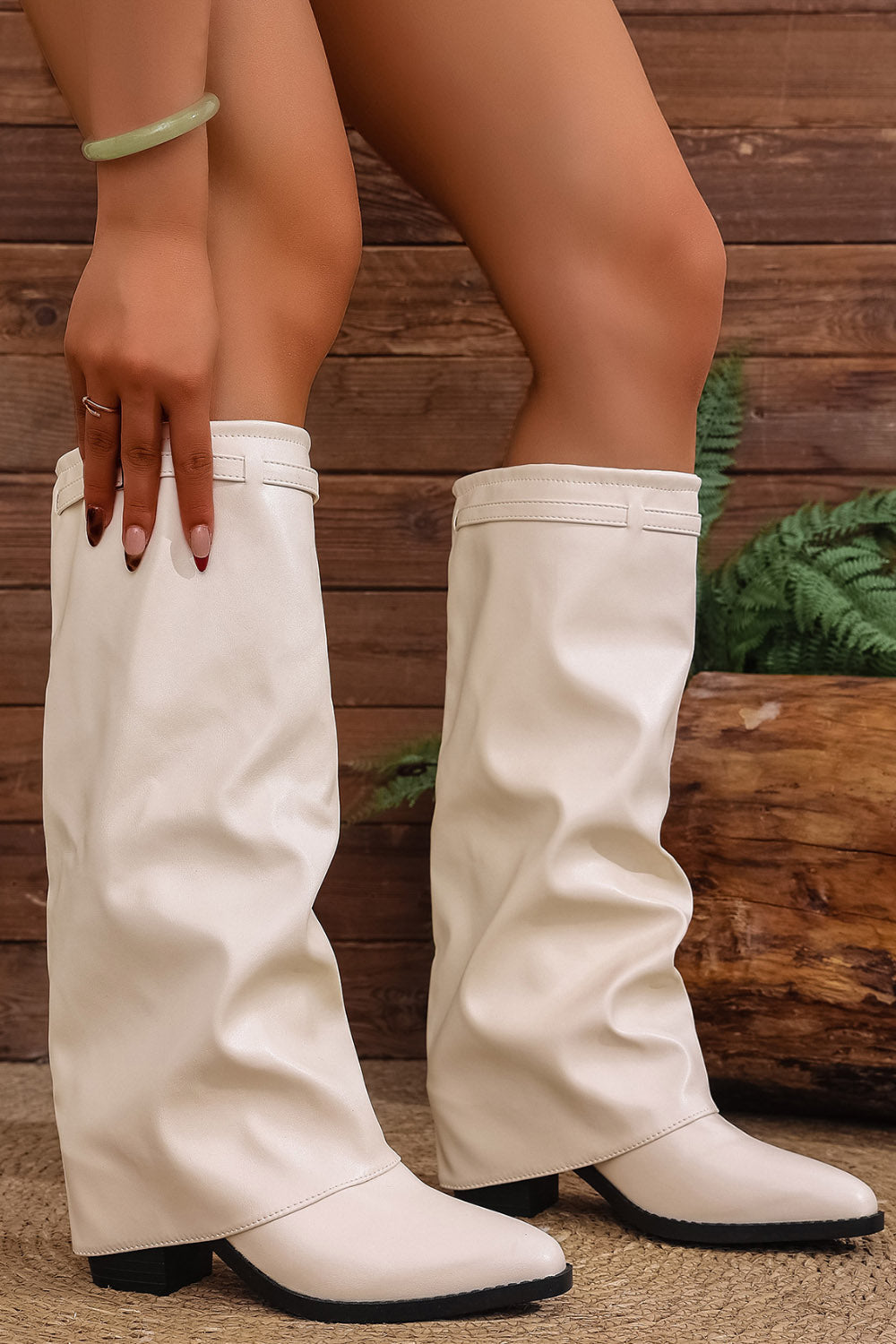 Daily Pointed Toe Folded Slouchy Strap PU Leather Chunky Heel Knee High Boots