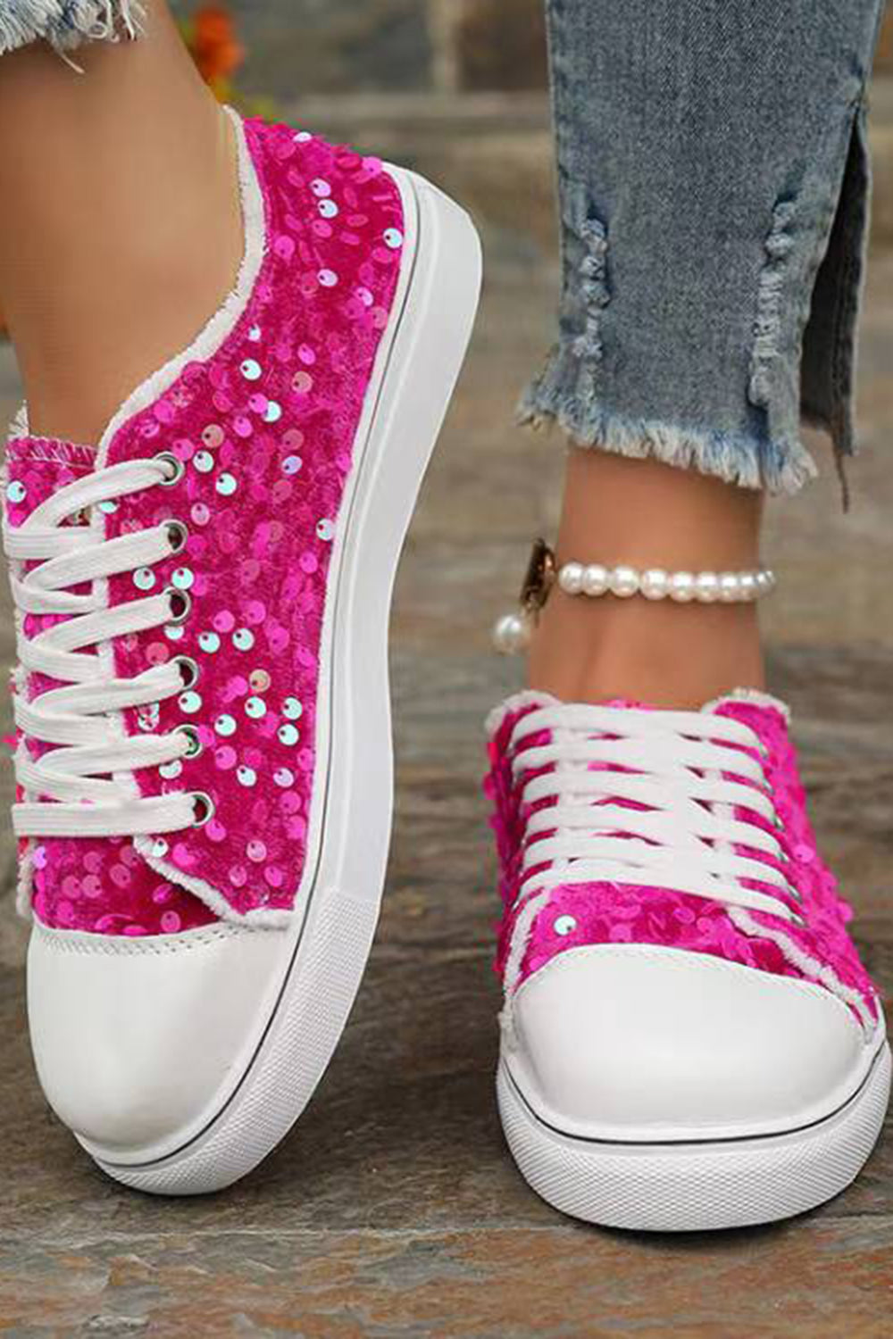 Daily Red Flat Bottom Lace Up Sequin Casual Shoes