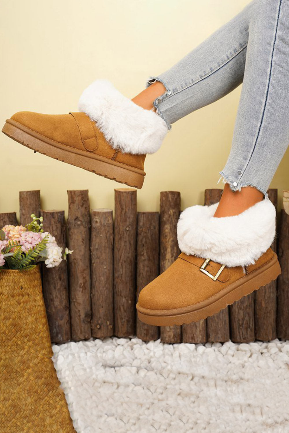 Fur Trimmed Plush Lined Strap Buckle Decor Round Toe Ankle Boots