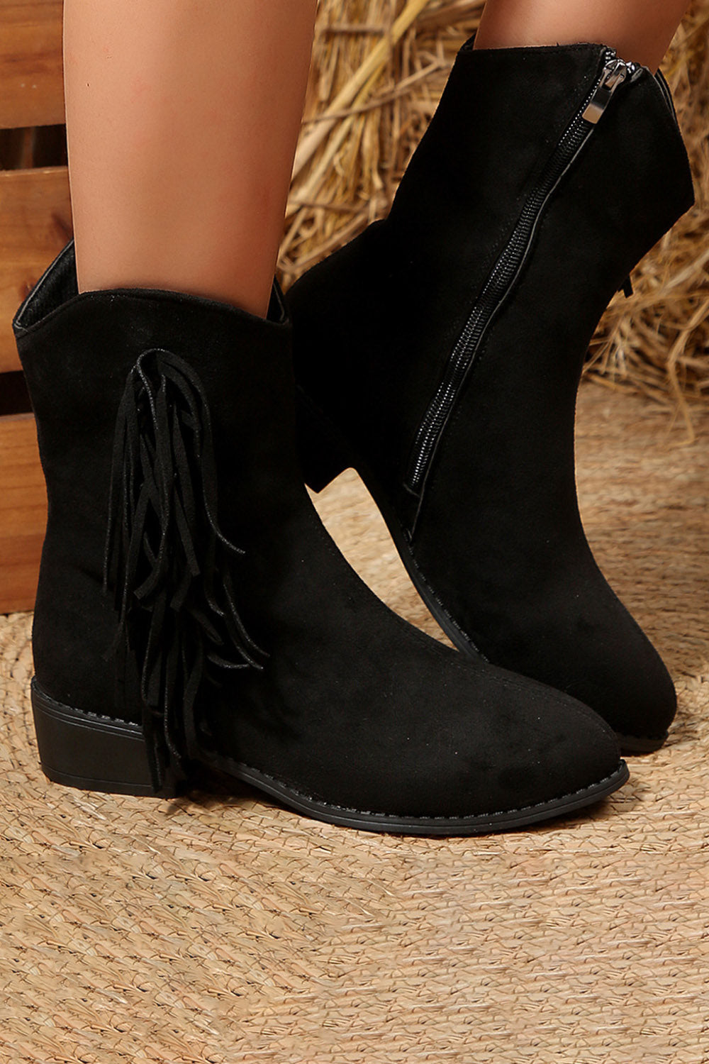 Retro Tassels Trim Zipper Round Toe Faux Suede Western Boots