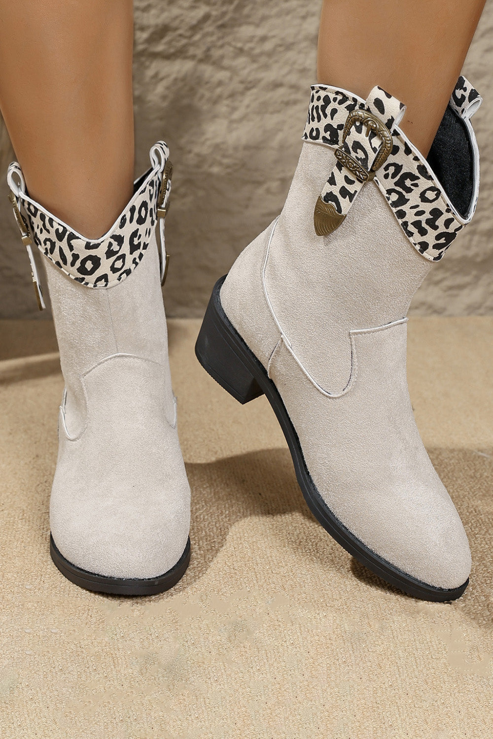 Daily Beige Leopard Print Patchwork Pointy Toe Western Ankle Boots