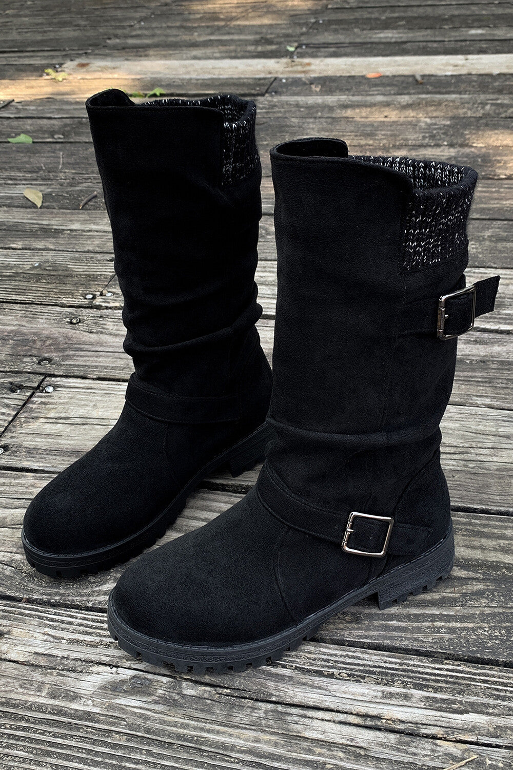 Retro Solid Color Round Toe Thick Heel Belt Buckle Suede Boots