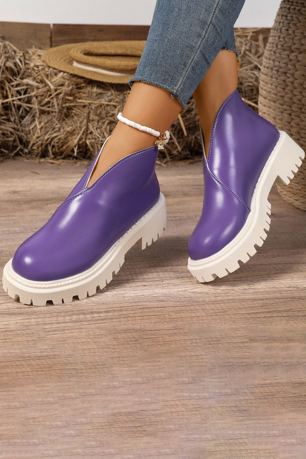 Platform V Cut Round Toe Back Zipper Ankle Boots
