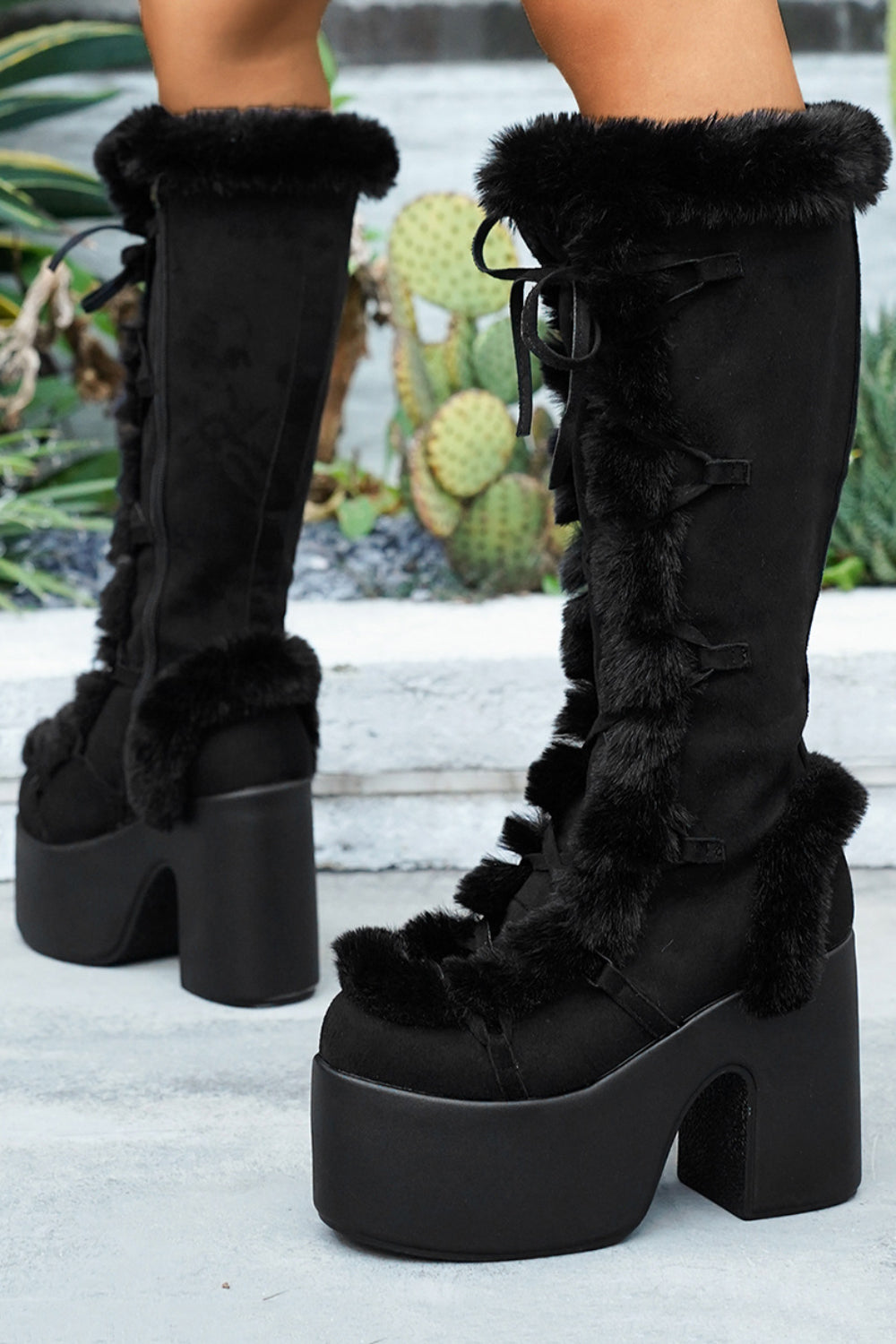 Daily Khaki Faux Fur Patchwork Platform Lace Up Chunky Heel Knee High Boots