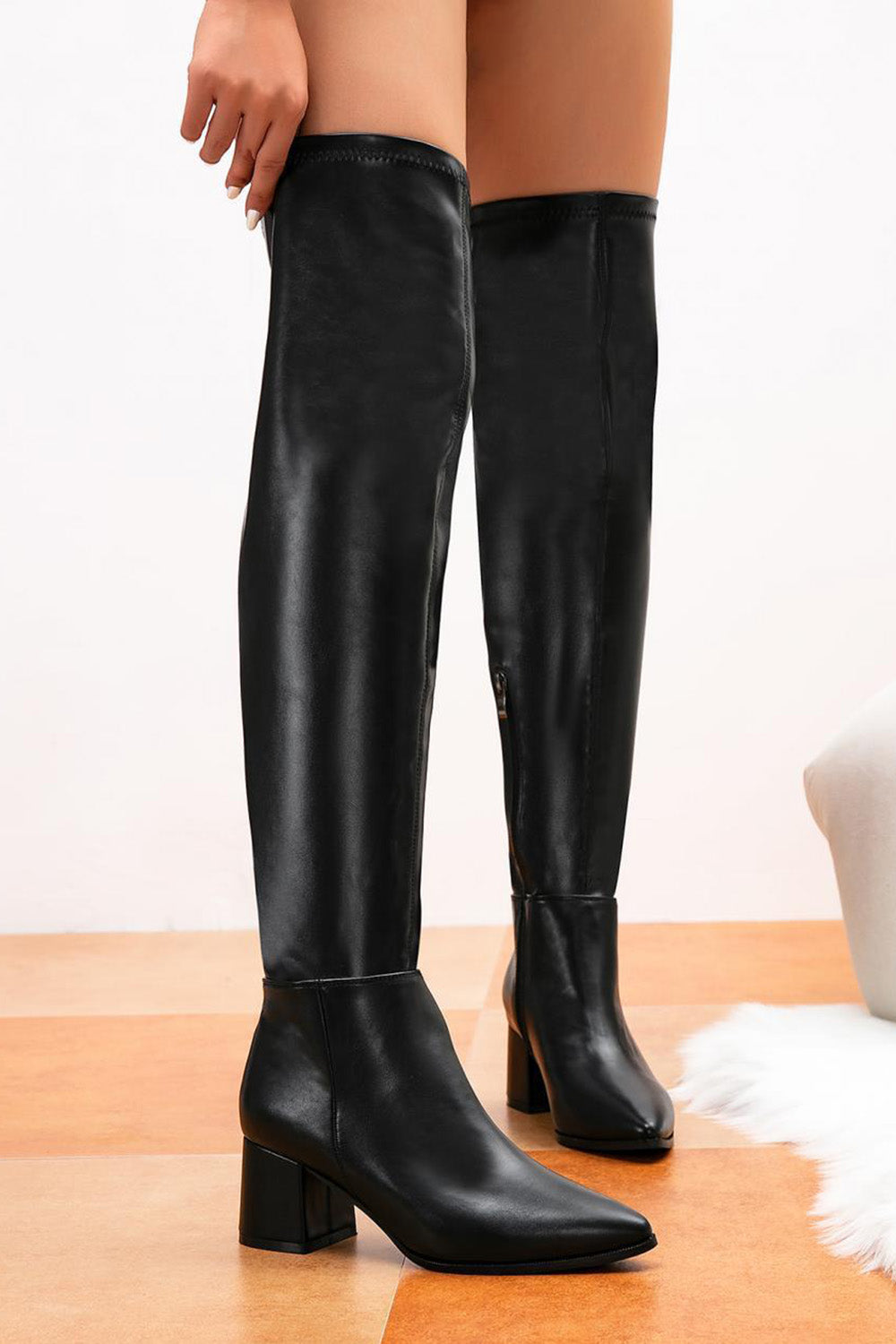 Daily Black Side Zipper Chunky Heels Pointed Toe PU Leather Over-the-knee Boots