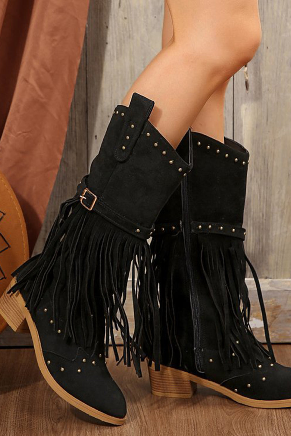 Vintage Black Chunky Heel Tassel Rivet Decor Zipper V-Cut Boots