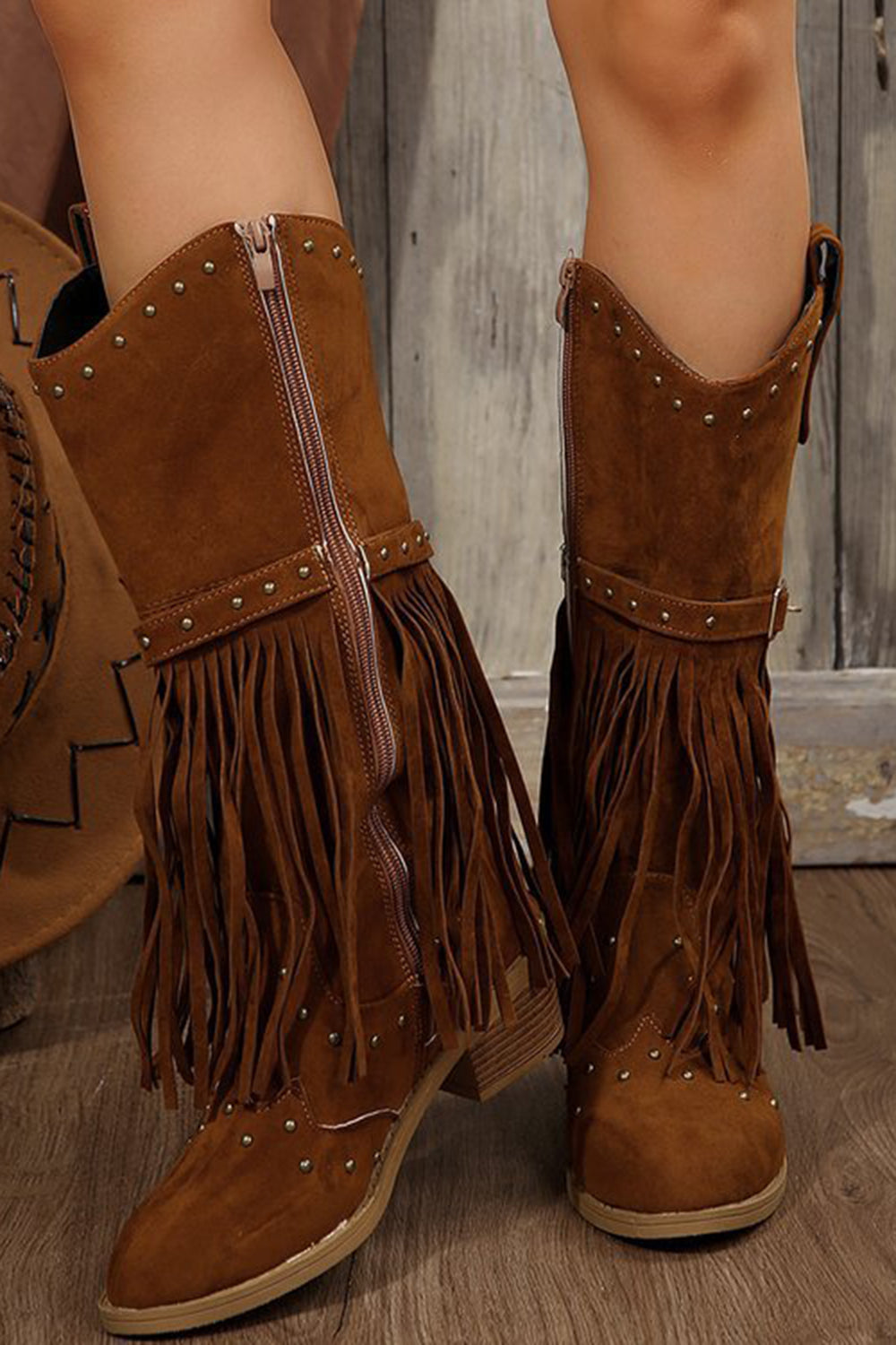 Vintage Black Chunky Heel Tassel Rivet Decor Zipper V-Cut Boots