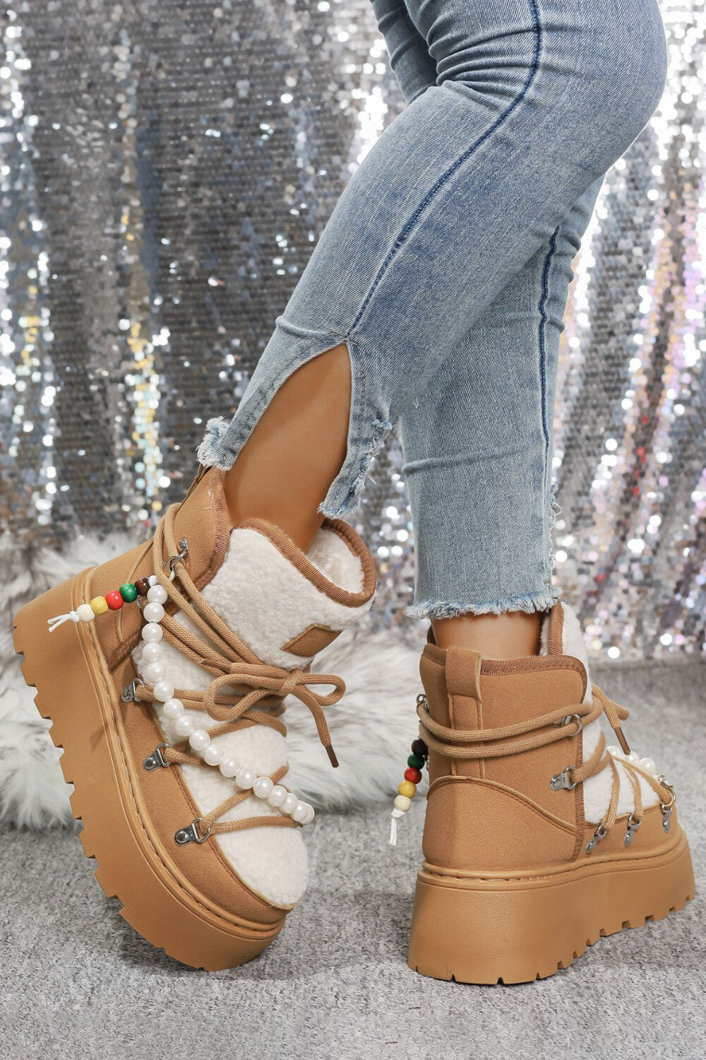 Daily Black Faux Fur Pearl Beads Strap Lace Up Platform Round Toe Boots